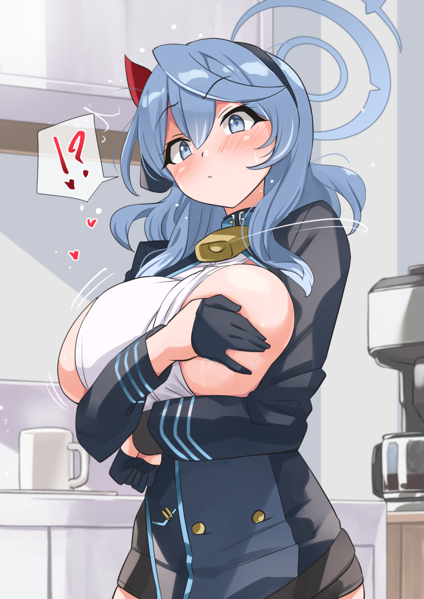 ! 1girl ? ako_(blue_archive) bell black_gloves black_hairband blue_archive blue_eyes blue_hair blush breasts coffee_mug covering covering_breasts cowbell cup gloves hair_ribbon hairband halo heart highres large_breasts long_hair looking_at_viewer mug red_ribbon ribbon sideboob solo spoken_exclamation_mark spoken_question_mark yuuichi_(reductionblack)