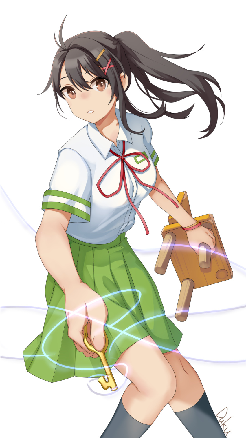 1girl black_hair black_socks breasts brown_eyes chair collared_shirt duku_(hus7788950) green_skirt hair_between_eyes hair_ornament hairclip highres holding holding_chair holding_key key legs long_hair looking_at_viewer medium_breasts neck_ribbon ponytail red_ribbon red_wristband ribbon school_uniform shirt short_sleeves signature simple_background skirt socks solo string suzume_(suzume_no_tojimari) suzume_no_tojimari teeth white_background white_shirt wristband yellow_wristband