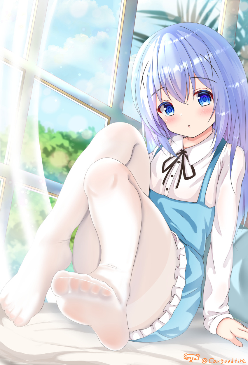 1girl absurdres blue_eyes blue_hair bow cargoodfire dress feet gochuumon_wa_usagi_desu_ka? hair_between_eyes highres indoors kafuu_chino knees_together_feet_apart knees_up legs no_shoes pantyhose shirt soles solo toes white_pantyhose white_shirt