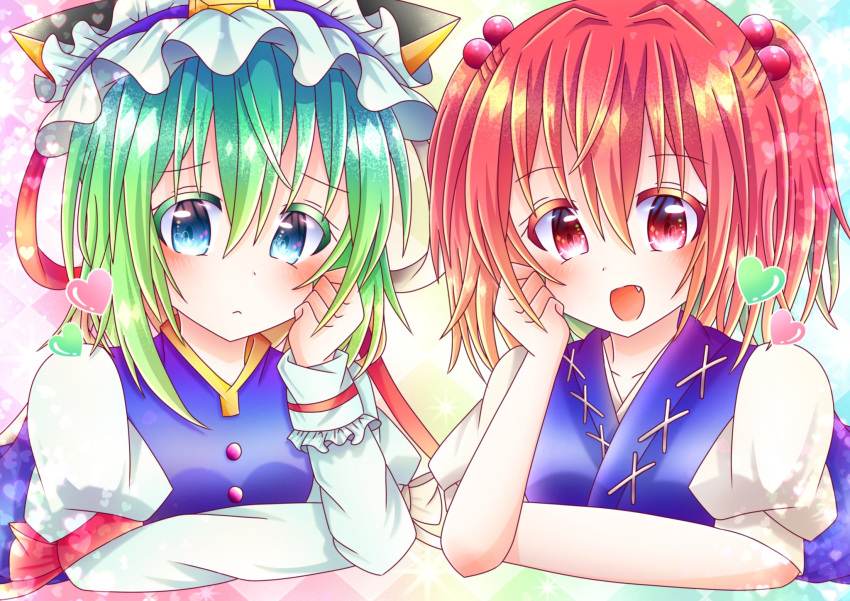 2girls :&lt; :d black_headwear blue_eyes blue_kimono blue_vest blush bow breasts buttons closed_mouth commentary_request fang frilled_hat frills green_hair hair_between_eyes hair_bobbles hair_ornament hat head_rest heart highres japanese_clothes kimono long_sleeves looking_at_viewer maro_eiki medium_bangs multiple_girls onozuka_komachi open_mouth puffy_short_sleeves puffy_sleeves red_bow red_hair shiki_eiki shirt short_hair short_sleeves sleeve_bow small_breasts smile touhou two_side_up upper_body vest white_bow white_shirt
