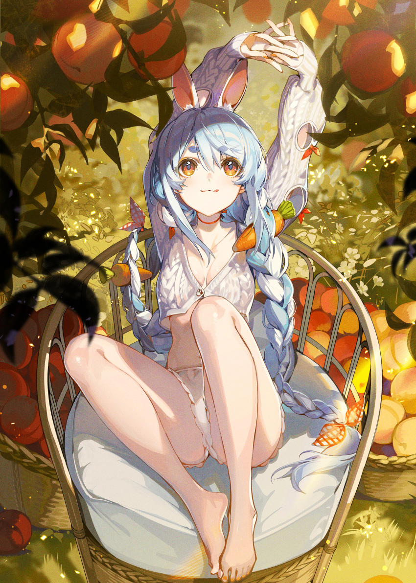 1girl :q absurdres akizero1510 animal_ears arms_up barefoot blue_hair braid cardigan carrot cropped_sweater facing_viewer highres hololive hololive_fantasy interlocked_fingers long_braid long_hair looking_up multicolored_hair orange_eyes rabbit_ears rabbit_girl shorts sitting solo stretching thick_eyebrows tongue tongue_out twin_braids two-tone_hair usada_pekora virtual_youtuber white_hair white_shorts