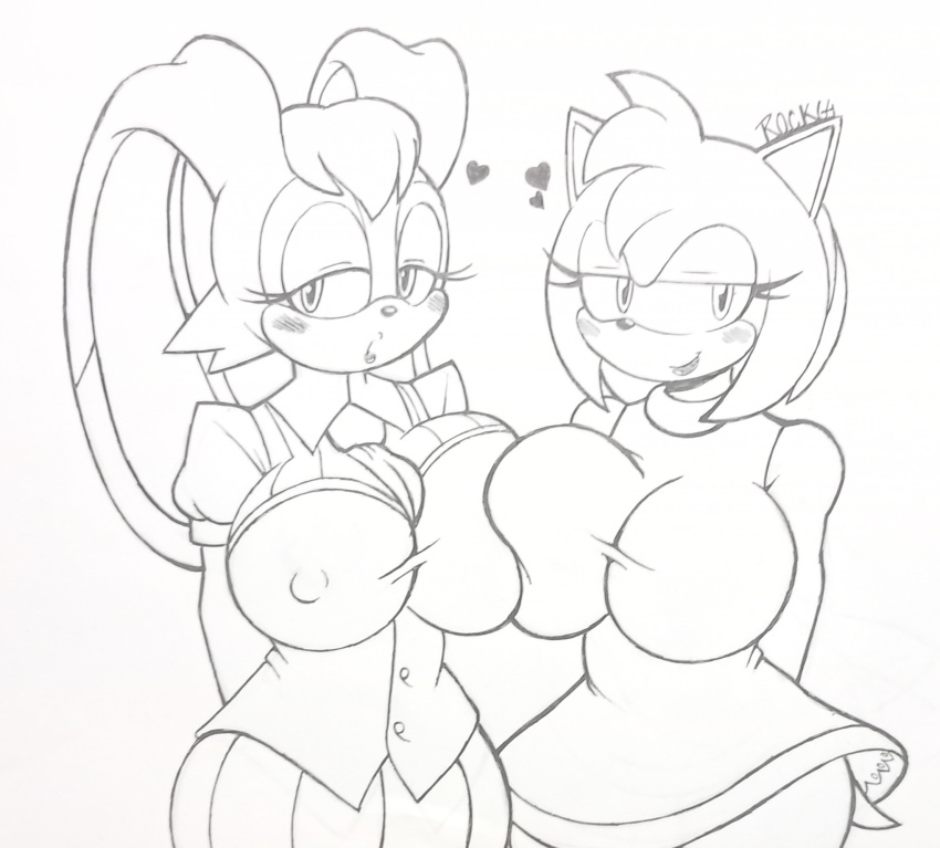 &lt;3 anthro big_breasts big_ears blush breast_squish breasts clothed clothing cyrockstar dress duo eyelashes female floppy_ears hands_behind_back head_tuft hi_res huge_breasts lop_ears nipple_outline open_mouth simple_background smile squish traditional_media_(artwork) tuft white_background wide_hips