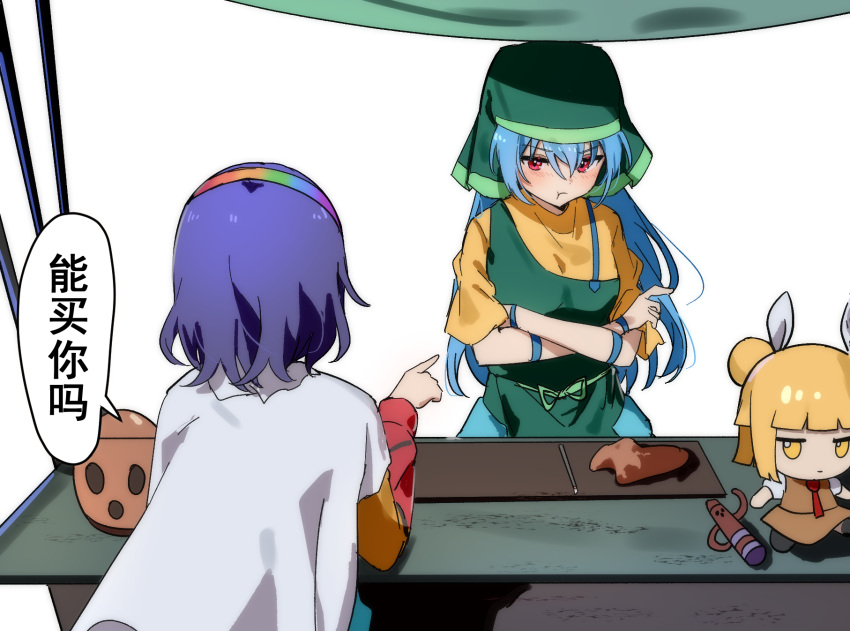 2girls apron blue_hair blush cloak closed_mouth dress fumo_(doll) green_apron green_headwear hairband haniwa_(statue) haniyasushin_keiki head_scarf highres joutouguu_mayumi long_hair long_sleeves maisuiren multicolored_clothes multicolored_dress multicolored_hairband multiple_girls pink_eyes rainbow_gradient short_hair short_sleeves simple_background single_strap speech_bubble tenkyuu_chimata touhou translation_request white_background white_cloak yellow_dress