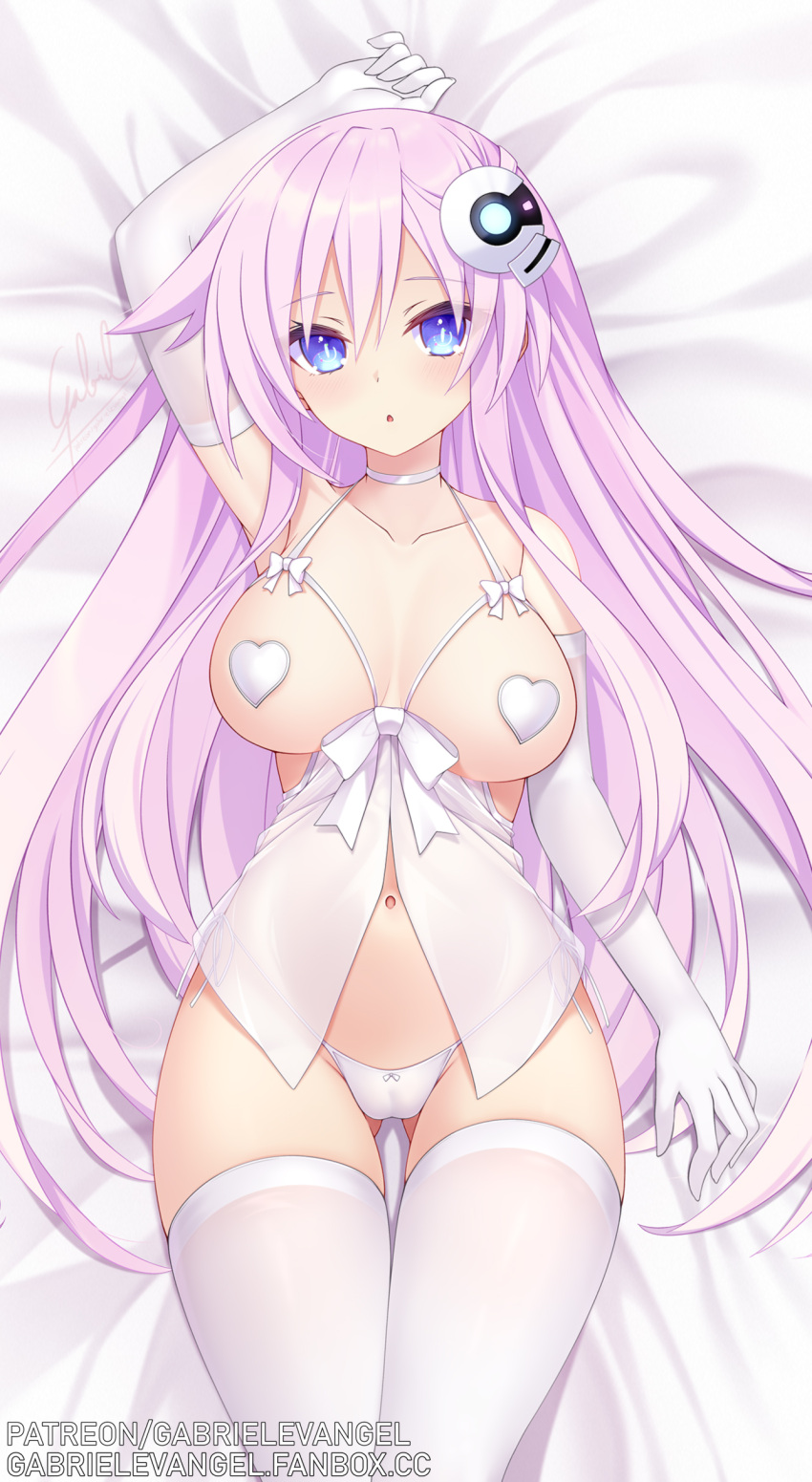 1girl absurdres artist_name babydoll bed_sheet blue_eyes breasts choker choujigen_game_neptune dakimakura_(medium) gabriel_evangel gloves hair_ornament heart_pasties highres large_breasts long_hair looking_at_viewer lying navel nepgear neptune_(series) on_back panties pasties pink_hair purple_sister ribbon side-tie_panties signature string_panties thighhighs underwear white_background white_gloves white_panties white_thighhighs