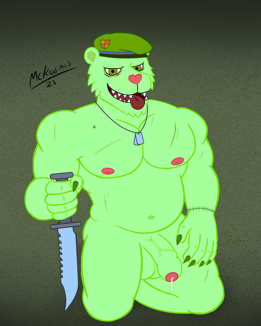 absurd_res anthro bear beret bodily_fluids clothing dog_tags flat_colors flippy_(htf) foreskin fur genital_fluids genitals green_body green_fur happy_tree_friends hat headgear headwear hi_res kneeling knife looking_at_viewer male mammal mckodimus military musclegut nipples penis precum scar simple_background sitting solo tongue tongue_out yellow_eyes