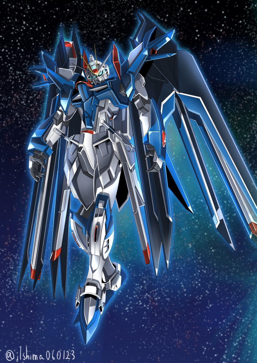 blue_eyes full_body gundam gundam_seed gundam_seed_freedom highres light_particles looking_at_viewer mecha mobile_suit no_humans rising_freedom_gundam robot science_fiction shimashun twitter_username v-fin