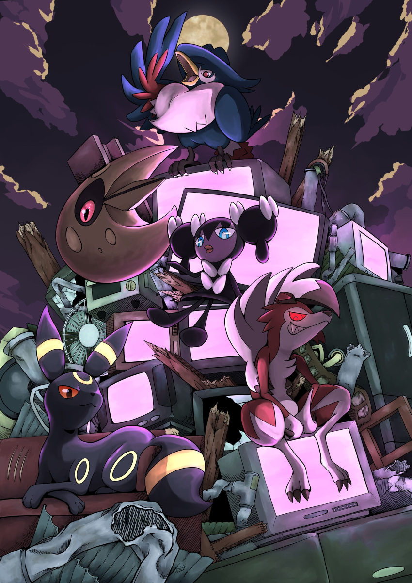 absurdres blue_eyes cloud colored_sclera electric_fan full_moon gothorita highres honchkrow junk junkyard looking_down lunatone lycanroc lycanroc_(midnight) moon night pokemon pokemon_(creature) q-chan red_eyes red_sclera sitting television umbreon wood