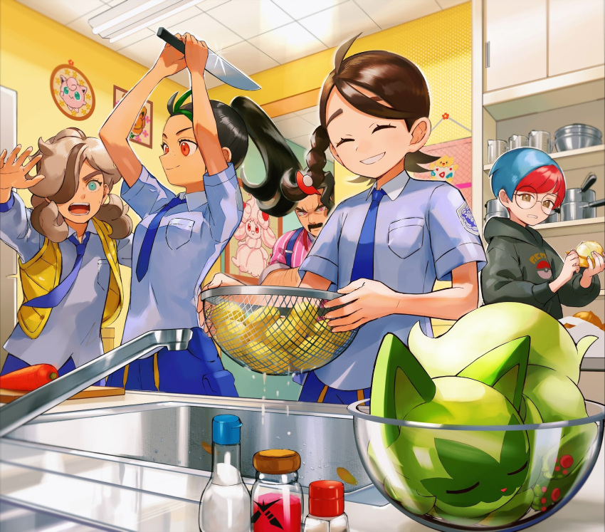 2boys 3girls alcremie alcremie_(strawberry_sweet) arven_(pokemon) braid breast_pocket brown_hair carrot ceiling character_print closed_eyes commentary_request eyelashes faucet glass_bowl grin highres holding holding_knife indoors jigglypuff juliana_(pokemon) knife multiple_boys multiple_girls necktie nemona_(pokemon) orange_mikan penny_(pokemon) pocket pokemon pokemon_(creature) pokemon_(game) pokemon_sv poster_(object) saguaro_(pokemon) shirt short_sleeves sieve smile sprigatito teeth togepi vest yellow_vest