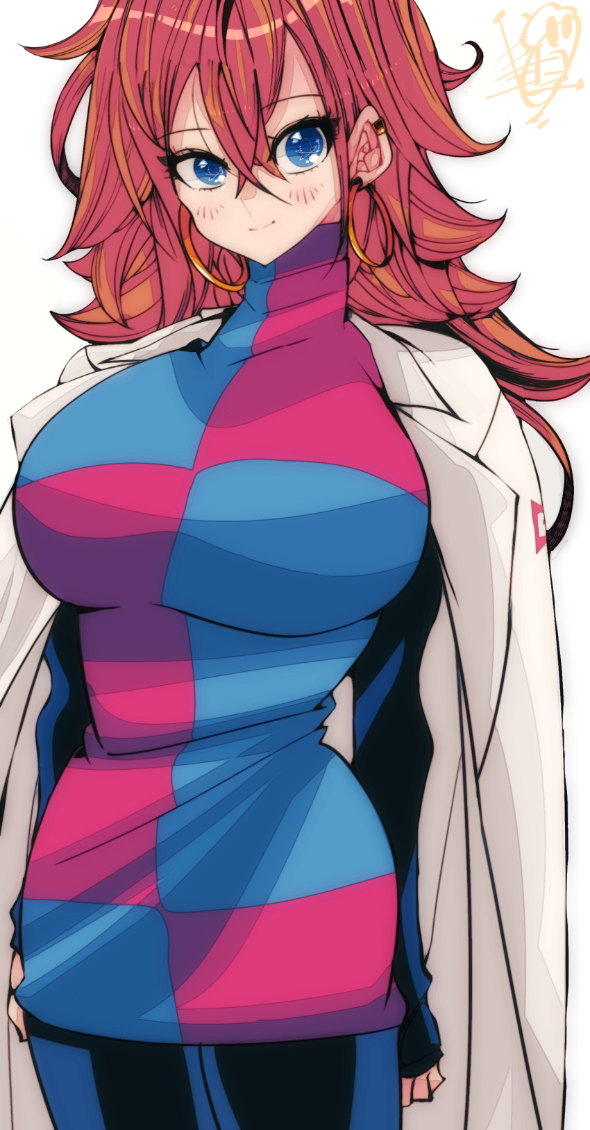 1girl absurdres android_21 blue_eyes breasts brown_hair checkered_clothes checkered_dress closed_mouth coat cowboy_shot detached_sleeves dragon_ball dragon_ball_fighterz dress earrings hair_between_eyes highres hoop_earrings jewelry kinakomochi_(user_vedc2333) lab_coat large_breasts long_hair looking_at_viewer open_clothes open_coat pantyhose red_ribbon_army simple_background smile solo watermark white_background white_coat