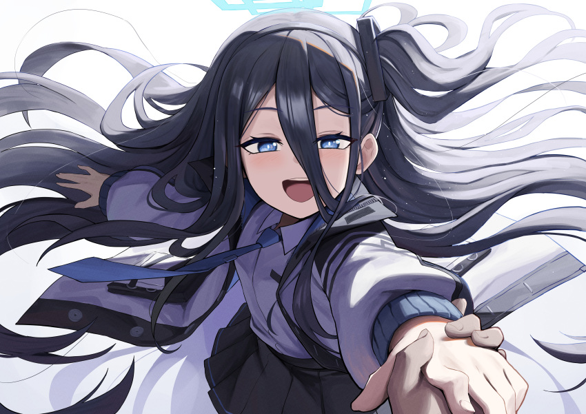 1girl :d absurdres aris_(blue_archive) black_hair blue_archive blue_eyes blue_halo blue_necktie hair_between_eyes halo highres holding_hands jacket karadborg long_hair long_sleeves looking_at_viewer necktie pov shirt smile solo_focus white_jacket white_shirt