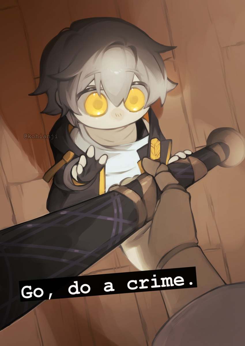 1boy 1girl absurdres artist_name black_coat black_gloves caelus_(honkai:_star_rail) character_request chibi coat collarbone english_text fingerless_gloves floor full_body gloves go_do_a_crime_(meme) grey_hair hair_between_eyes hand_up hands_up herta_(honkai:_star_rail) highres holding holding_weapon honkai:_star_rail honkai_(series) hood hooded_coat kohianji long_sleeves looking_to_the_side meme no_mouth open_clothes open_coat shadow shirt short_hair solo_focus standing t-shirt trailblazer_(honkai:_star_rail) two-sided_coat weapon white_shirt yellow_coat yellow_eyes