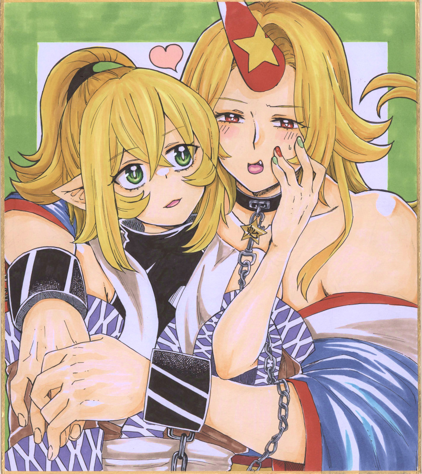 2girls absurdres bare_shoulders black_shirt blonde_hair blue_kimono blush bright_pupils brown_shirt chain commentary_request crossed_bangs cuffs fang fingernails green_background green_eyes green_nails hand_on_own_cheek hand_on_own_face highres horns hoshiguma_yuugi hoshiguma_yuugi_(kimono) hug hug_from_behind japanese_clothes kimono leash long_hair looking_at_another looking_back matsuri_kyuuta medium_bangs mizuhashi_parsee multicolored_nails multiple_girls off_shoulder open_mouth parted_bangs pointy_ears red_eyes red_horns red_nails sash scarf shirt short_hair short_ponytail sidelocks single_horn smile star_(symbol) touhou traditional_media two-tone_background upper_body white_pupils white_sash white_scarf yuri