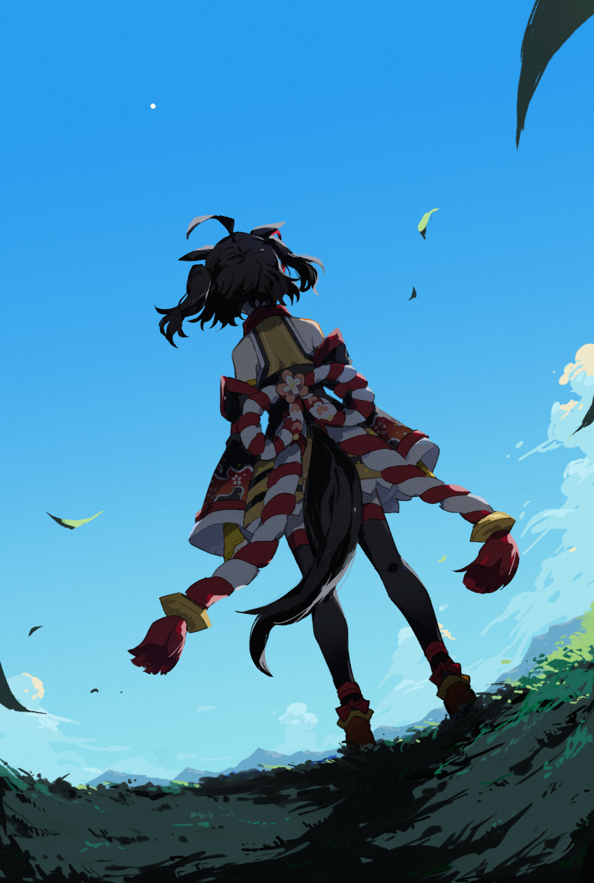 1girl ahoge animal_ears arm_at_side bare_shoulders black_hair black_thighhighs blue_sky commentary_request day detached_sleeves falling_leaves floral_print floral_print_kimono from_behind full_body grass highres horse_ears horse_girl horse_tail kitasan_black_(umamusume) kouhaku_nawa leaf looking_afar md5_mismatch mixed-language_commentary mountainous_horizon outdoors red_footwear resolution_mismatch rope sash shimenawa shirt shoes short_hair skirt sky sleeveless sleeveless_shirt solo source_larger standing tail thighhighs tmt7823 two_side_up umamusume yellow_shirt yellow_skirt
