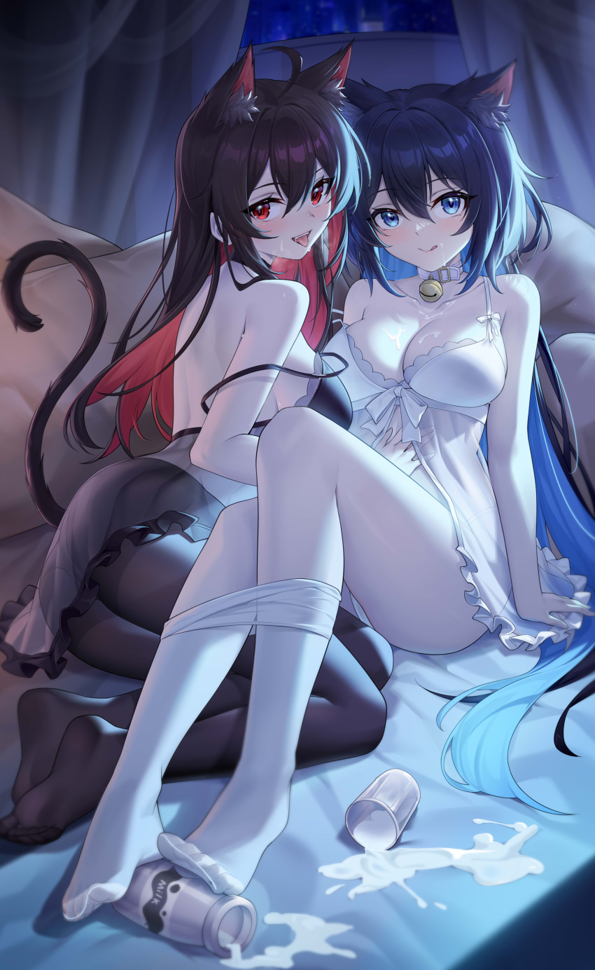 2girls absurdres animal_ear_fluff animal_ears babydoll bell belt_collar black_babydoll black_hair black_pantyhose blue_hair breasts cat_ears cat_girl cat_tail cleavage clothes_pull collar collarbone colored_inner_hair dual_persona extra_ears hand_on_another's_stomach highres honkai_(series) honkai_impact_3rd jingle_bell kemonomimi_mode licking_lips long_hair looking_at_viewer multicolored_hair multiple_girls neck_bell pantyhose pantyhose_pull purple_hair red_hair seele_(alter_ego) seele_vollerei selfcest shenqi_xiao_hong_zai_nali spilled_milk strap_slip suggestive_fluid tail tongue tongue_out two-tone_hair white_babydoll white_pantyhose yuri