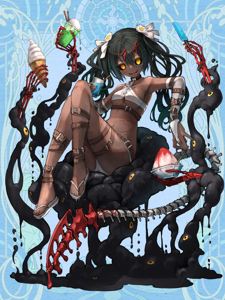 1girl belt black_sclera bow breasts choker colored_sclera crossed_legs cup dairoku_ryouhei dark-skinned_female dark_skin disposable_cup extra_eyes flower food full_body hair_bow hair_flower hair_ornament highres holding holding_cup ice_cream_cone kajaneko long_hair looking_at_viewer mephis_faceless navel popsicle sandals sharp_teeth shaved_ice sitting skeletal_hand slime_(creature) small_breasts solo spine stitches teeth two_side_up white_bow yellow_eyes