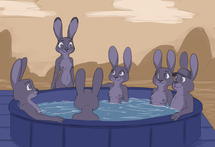 anthro bonnie_hopps breasts casual_exposure casual_nudity clothing disney female group hat headgear headwear judy_hopps lagomorph leporid male mammal nipples nude pool rabbit stu_hopps tggeko water zootopia