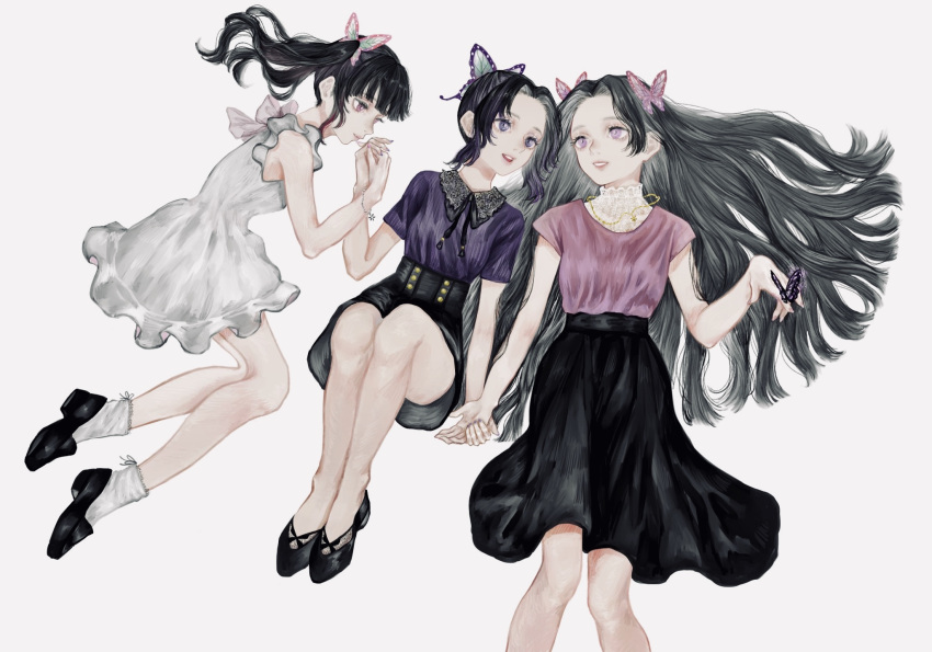 3girls black_footwear black_hair black_skirt bracelet bug butterfly butterfly_hair_ornament commentary_request dress feet_out_of_frame full_body green_hair hair_ornament hair_spread_out highres holding_hands jewelry kimetsu_no_yaiba kochou_kanae kochou_shinobu long_hair looking_at_another lying multiple_girls necklace on_back on_side pink_eyes pink_shirt ponytail purple_eyes shirone_(coxo_ii) shirt siblings simple_background sisters skirt smile socks tsuyuri_kanao two_side_up white_dress white_socks