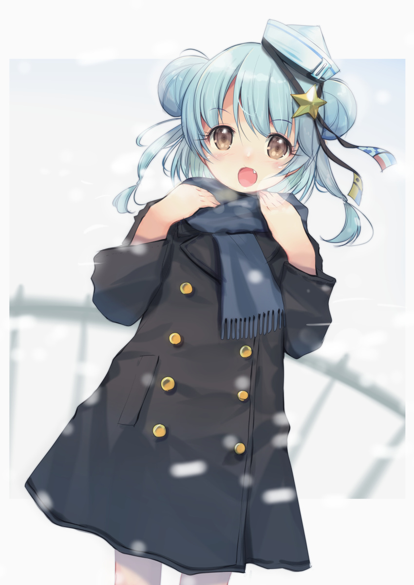 1girl absurdres alternate_costume black_coat black_ribbon blue_hair blue_scarf coat dixie_cup_hat double_bun fang feet_out_of_frame hair_bun hat hat_ribbon highres kantai_collection military_hat ribbon samuel_b._roberts_(kancolle) samuel_b._roberts_mk_ii_(kancolle) scarf skin_fang smile snow solo standing twintails yashin_(yasinz) yellow_eyes