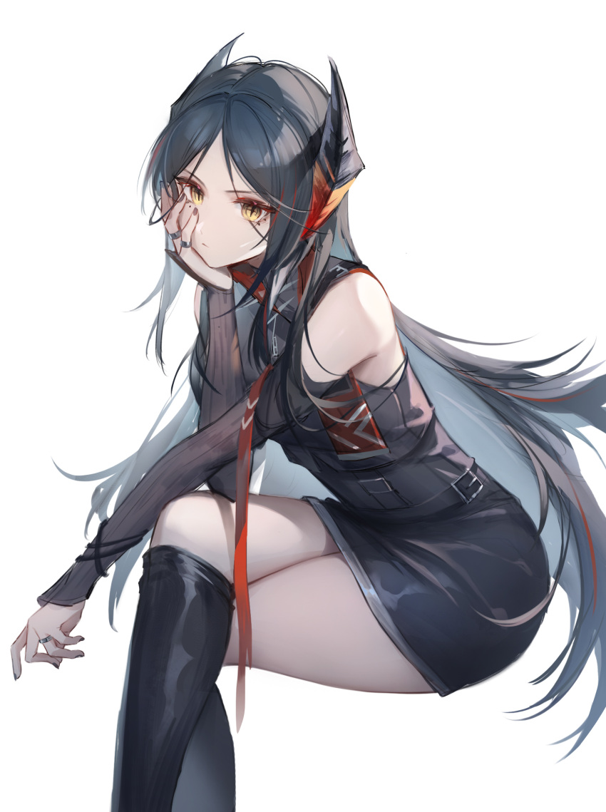 +_+ 1girl arknights bare_shoulders bilibilida black_hair black_shirt black_skirt black_sleeves black_socks demon_girl demon_horns detached_sleeves feet_out_of_frame hand_on_own_cheek hand_on_own_face head_rest highres horns ines_(arknights) invisible_chair jewelry kneehighs long_hair looking_at_viewer multiple_rings ring shirt simple_background sitting skirt socks solo thighs very_long_hair white_background yellow_eyes
