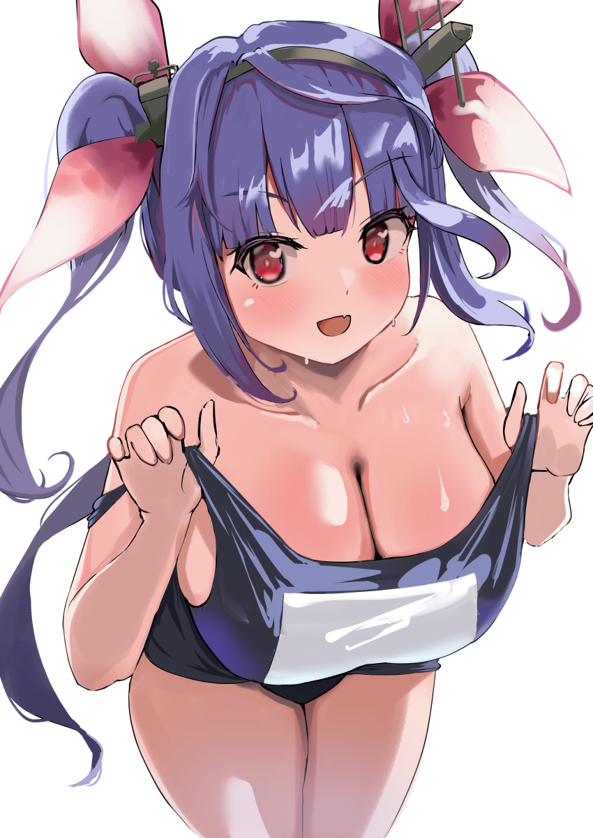 1girl absurdres blue_hair blue_one-piece_swimsuit blunt_bangs blush breasts cleavage commentary commission evildaddy12 hair_ornament hair_ribbon highres i-19_(kancolle) kantai_collection large_breasts leaning_forward legs_together long_hair looking_at_viewer name_tag one-piece_swimsuit open_mouth pixiv_commission red_eyes ribbon school_swimsuit simple_background smile solo sweat sweatdrop swimsuit tri_tails twintails upper_body variant_set white_background