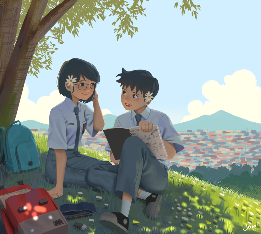 1boy 1girl :d artist_name backpack backpack_removed bag blue_sky cloud couple day english_commentary eraser flower glasses grass grey_necktie grey_pants hair_flower hair_ornament hetero highres holding holding_sketchbook joie knee_up mountainous_horizon necktie original outdoors pants pencil_case school_uniform shoes short_sleeves sitting sketchbook sky smile sneakers tree