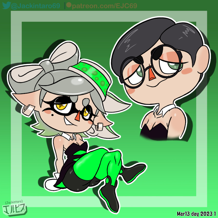 absurd_res animal_crossing animal_crossing_girl animal_humanoid black_hair cephalopod cephalopod_humanoid clothed clothing crossover digital_media_(artwork) ear_piercing eyewear female glasses green_eyes grey_hair hair hi_res human humanoid humanoid_pointy_ears inkling jackintaro looking_at_viewer mammal marie_(splatoon) marine marine_humanoid mollusk mollusk_humanoid nintendo piercing pseudo_hair simple_background sketch smile solo splatoon tentacle_hair tentacles villager_(animal_crossing) yellow_eyes