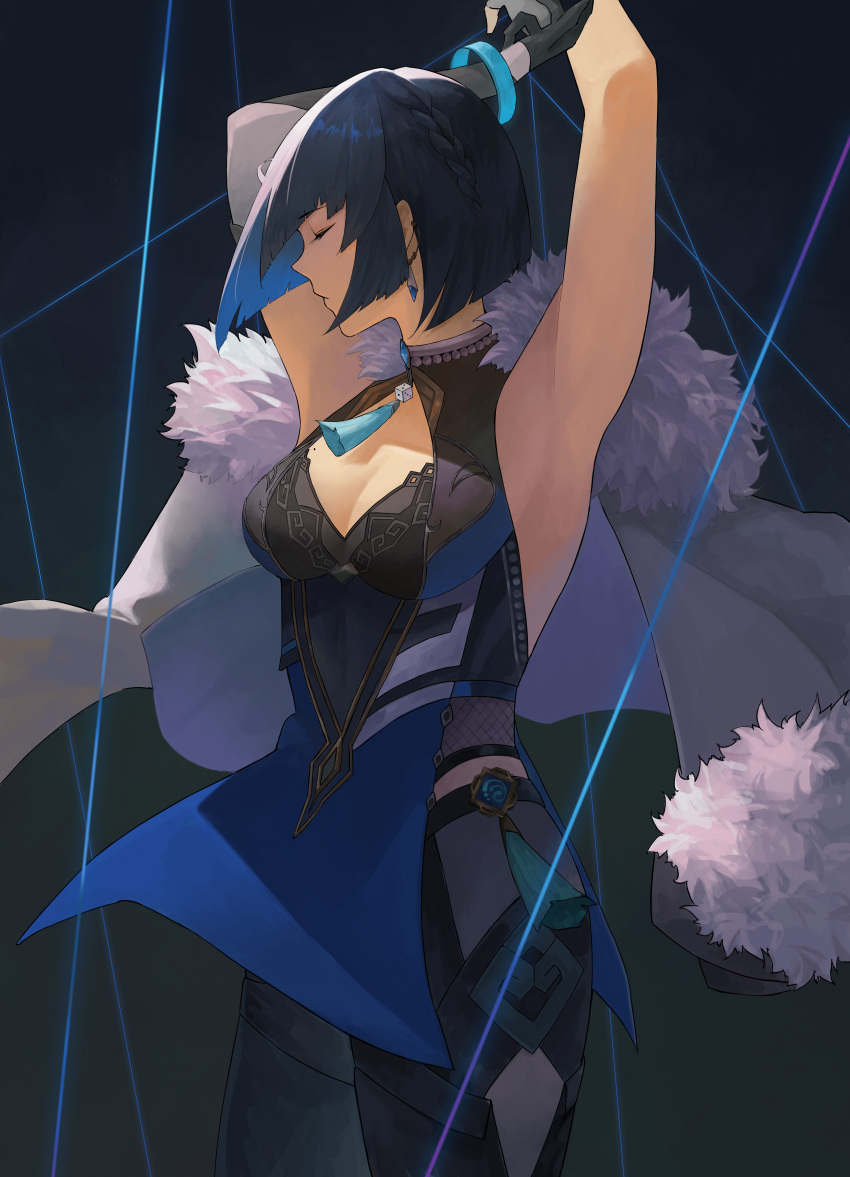 1girl absurdres armpits bead_choker bob_cut breasts cowboy_shot diagonal_bangs earrings feather-trimmed_jacket fur-trimmed_jacket fur_trim genshin_impact highres inakanoinonaka jacket jewelry mole mole_on_breast neck_tassel solo tassel_choker vision_(genshin_impact) waist_cutout yelan_(genshin_impact)