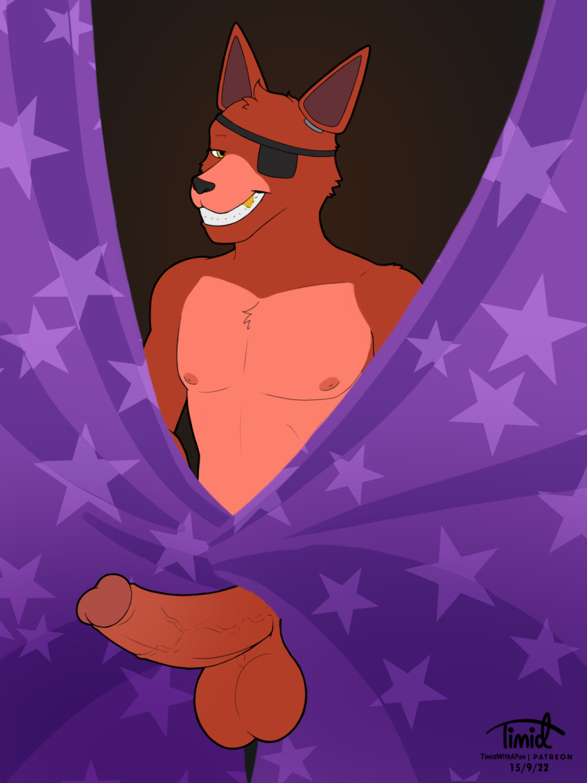animatronic anthro balls canid canine curtains digital_media_(artwork) erection eye_patch eyewear five_nights_at_freddy's fox foxy_(fnaf) fur genitals gold_(metal) gold_tooth hi_res humanoid_genitalia humanoid_penis machine male mammal nipples nude penis robot scottgames simple_background smile solo timidwithapen vein veiny_penis