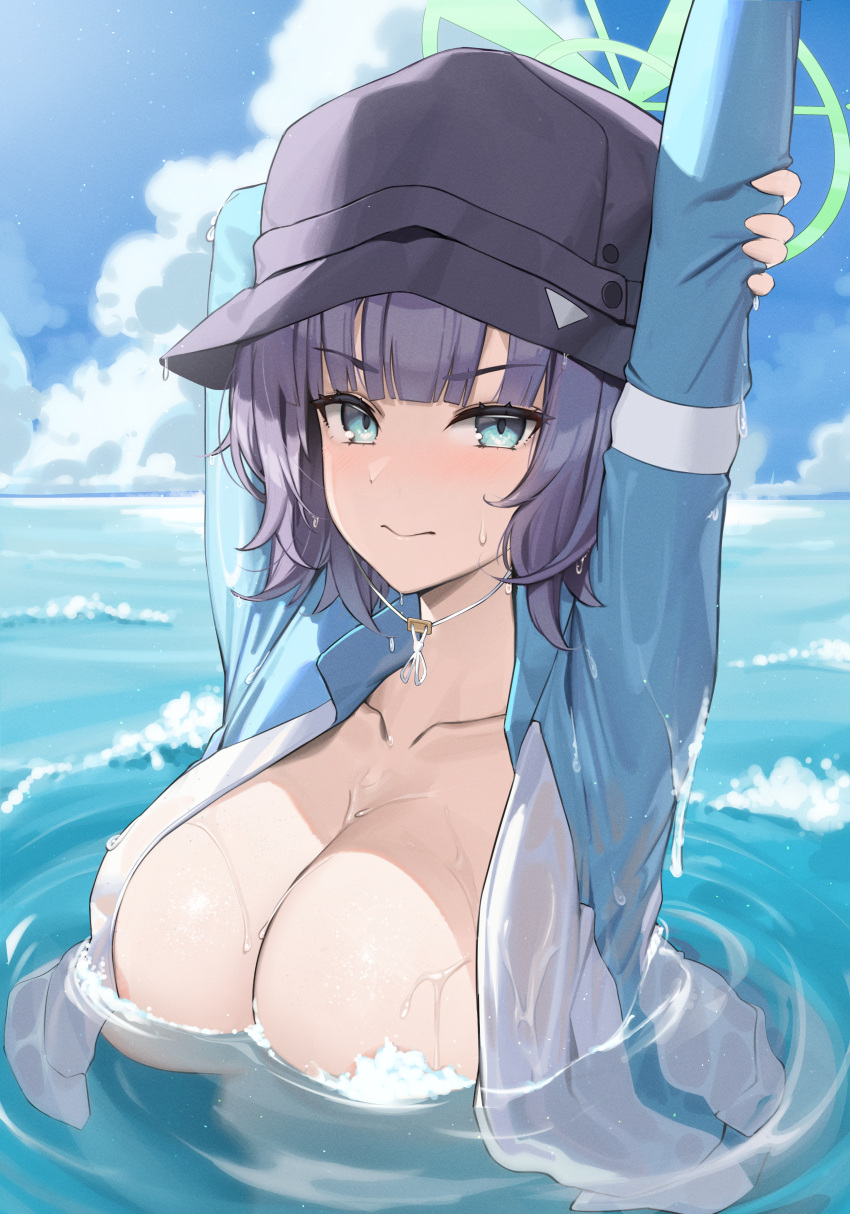 1girl absurdres aqua_eyes areola_slip arm_up blue_archive blue_sky blunt_bangs breasts bucket_hat closed_mouth cloud collarbone convenient_censoring day halo hat highres holding_own_arm large_breasts looking_at_viewer ocean outdoors partially_submerged purple_hair rash_guard saki_(blue_archive) saki_(swimsuit)_(blue_archive) samart short_hair sky solo upper_body v-shaped_eyebrows water wet