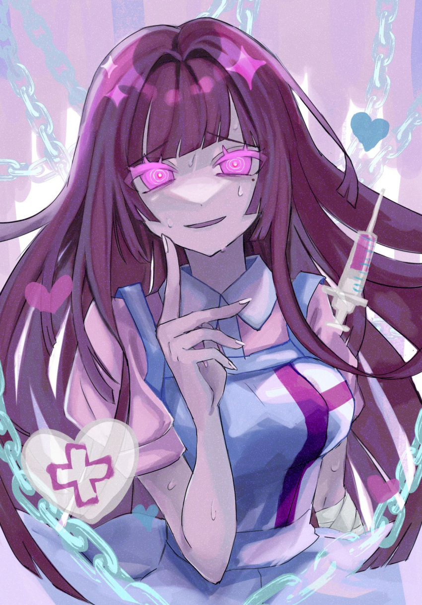 1girl alternate_eye_color apron breasts collared_shirt danganronpa_(series) danganronpa_2:_goodbye_despair hair_intakes hand_up heart highres index_finger_raised large_breasts long_hair mole mole_under_eye nail_polish ne_(ne_on) pink_background pink_eyes pink_shirt purple_hair shirt smile solo sweat syringe tsumiki_mikan upper_body white_background white_nails white_shirt