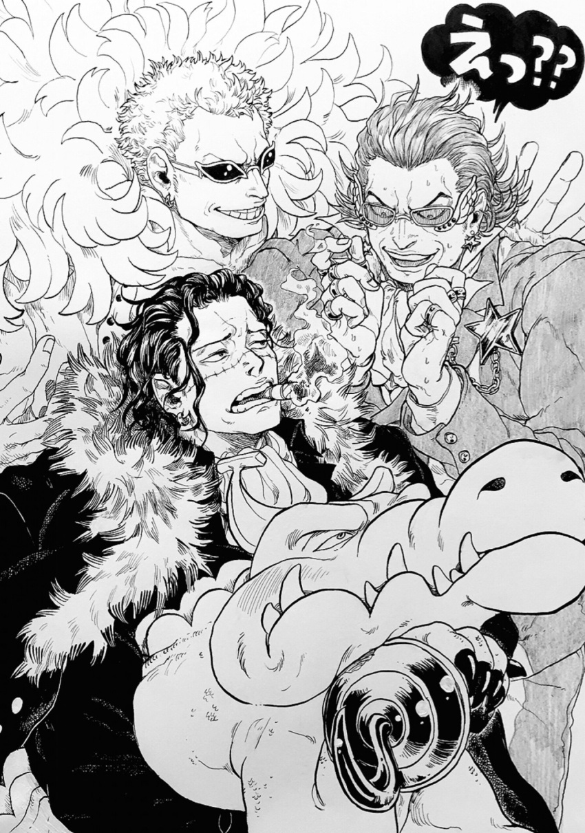 3boys ? ?? ascot black_hair blonde_hair cigar crocodile crocodile_(one_piece) crocodilian donquixote_doflamingo drjjn earrings feather_coat fur_coat gild_tesoro hair_slicked_back highres hook_hand jewelry looking_at_another medium_hair monochrome multiple_boys multiple_rings one_piece open_mouth ring scar scar_on_face short_hair smile speech_bubble star_(symbol) sunglasses sweatdrop teeth traditional_media white_ascot