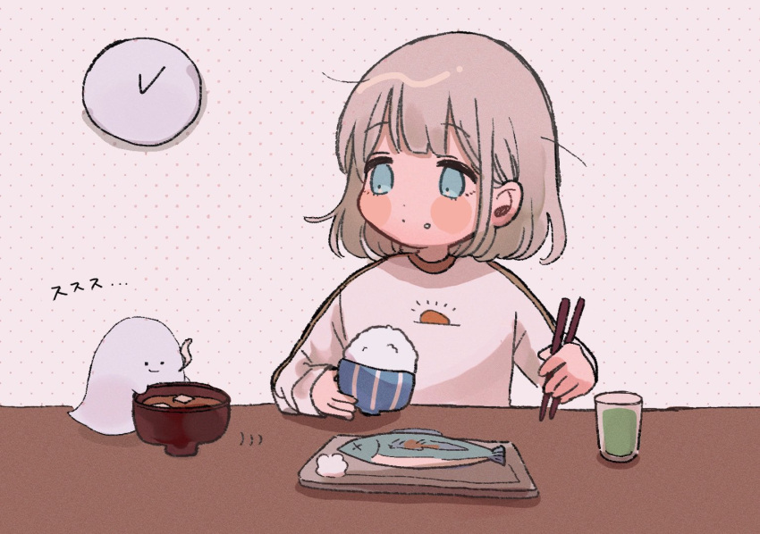 1girl blue_eyes blush_stickers bowl breakfast brown_hair chopsticks clock cup drinking_glass fish_(food) food food_on_face food_theft ghost green_tea hair_behind_ear holding holding_bowl holding_chopsticks idolmaster idolmaster_shiny_colors long_sleeves looking_at_another looking_to_the_side medium_hair miso_soup print_shirt rice_bowl serizawa_asahi shirt sun_print table tea upper_body wadachi wall_clock