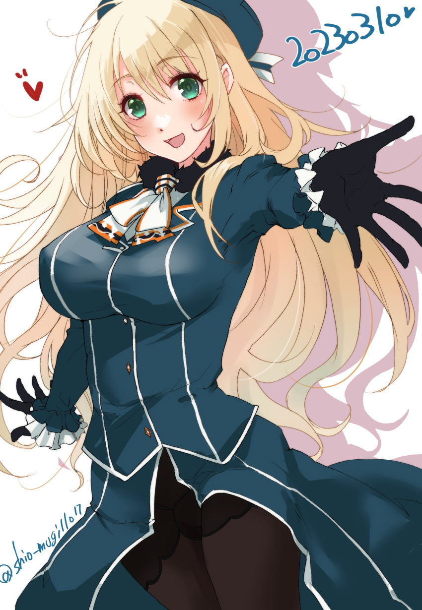 1girl absurdres aqua_headwear atago_(kancolle) bangs beret black_gloves black_pantyhose blonde_hair breasts cowboy_shot dated gloves green_eyes hair_between_eyes hat heart highres kantai_collection large_breasts long_hair long_sleeves one-hour_drawing_challenge open_mouth pantyhose shio_mugi1107 simple_background smile solo twitter_username uniform white_background