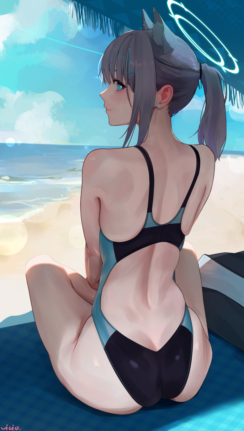 1girl absurdres animal_ear_fluff animal_ears ass bare_arms bare_legs bare_shoulders beach black_one-piece_swimsuit blue_archive blue_eyes blue_halo breasts chenmovicio chinese_commentary closed_mouth competition_swimsuit day extra_ears from_behind grey_hair halo highres looking_at_viewer looking_back medium_breasts mixed-language_commentary ocean official_alternate_costume one-piece_swimsuit outdoors ponytail shiroko_(blue_archive) shiroko_(swimsuit)_(blue_archive) solo swimsuit wolf_ears