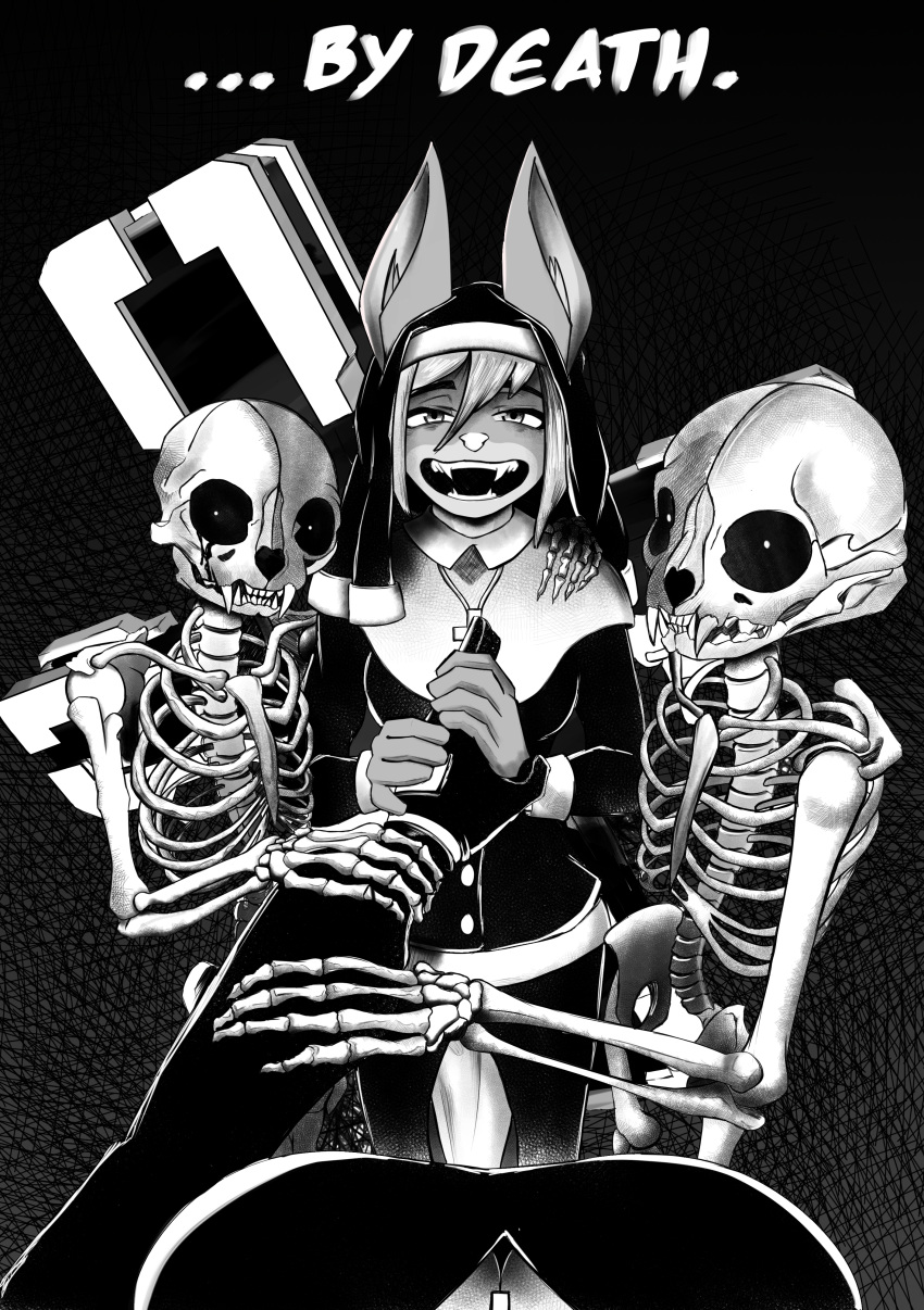 absurd_res anthro black_and_white blackspoiler bone breasts comic comic_panel creepy creepy_smile cross dialogue duo fangs female first_person_view group hand_holding hand_on_shoulder hi_res holding_arm mammal monochrome nun_habit nun_outfit rib_cage rodent sciurid skeletal_hand skeleton smile spine teeth tree_squirrel