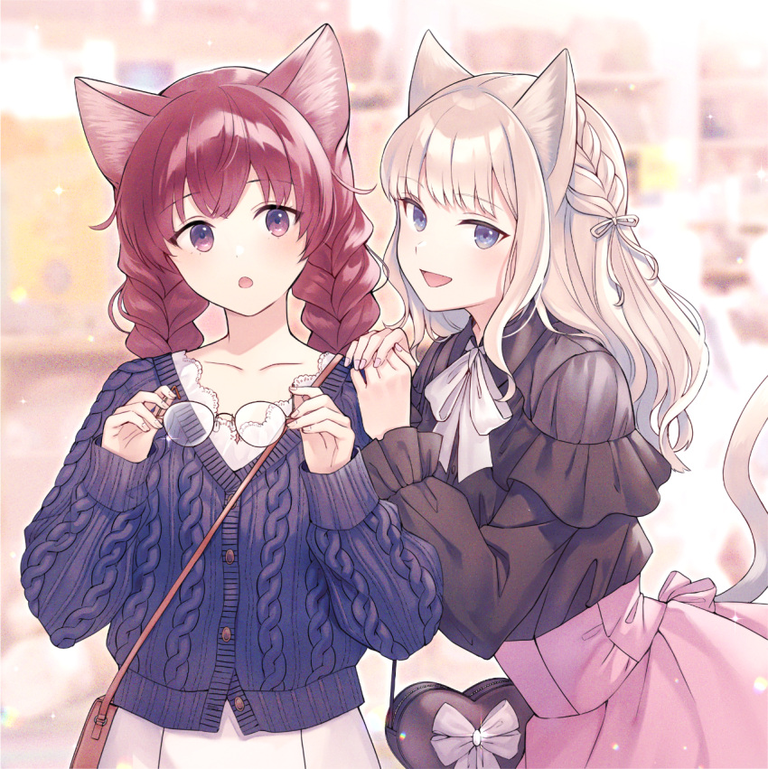 2girls :d :o animal_ears aran_sweater bag black_shirt bow bowtie braid cable_knit cardigan cat_ears cat_tail e_(eokiba) glasses hands_on_another's_shoulder heart-shaped_bag highres holding holding_eyewear light_brown_hair long_sleeves multiple_girls open_mouth original pink_skirt purple_eyes purple_hair shirt shoulder_bag skirt smile sweater tail twin_braids white_bow white_bowtie white_skirt