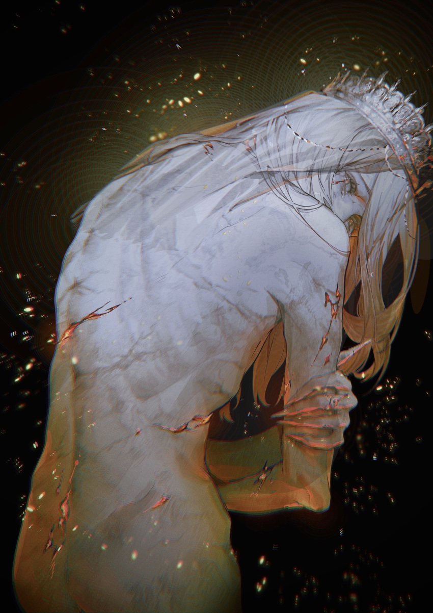 1boy black_background blood crown cuso4_suiwabutu dark_souls_(series) dark_souls_iii fingernails from_behind gradient_background grey_hair highres light_particles long_hair lothric_(younger_prince) male_focus nude scar sharp_fingernails solo