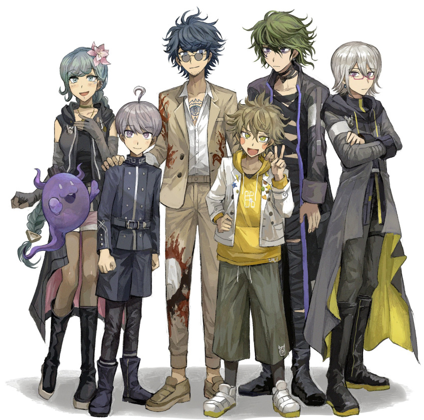 1girl 1other 4boys ahoge bandaged_chest black_footwear blonde_hair blue_eyes blue_hair blue_jacket boots braid chest_tattoo closed_mouth coat collared_shirt commentary_request crossed_arms desuhiko_thunderbolt facial_hair flower fubuki_clockford full_body glasses green_eyes green_hair grey_coat grey_hair hair_between_eyes hair_flower hair_ornament halara_nightmare hand_on_another's_shoulder hand_on_own_chest hashi_(84_rainco) highres hood hood_down hooded_coat hoodie horns jacket jewelry long_hair long_sleeves looking_at_viewer master_detective_archives:_rain_code multiple_boys necklace open_mouth pants partially_unbuttoned pink-framed_eyewear pink_flower purple_eyeliner purple_eyes purple_hair round_eyewear shinigami_(rain_code) shirt short_hair single_braid sleeveless_coat smile standing stubble tattoo tinted_eyewear v vivia_twilight white_footwear white_jacket white_shirt yakou_furio yellow_hoodie yellow_jacket yellow_pants yuma_kokohead