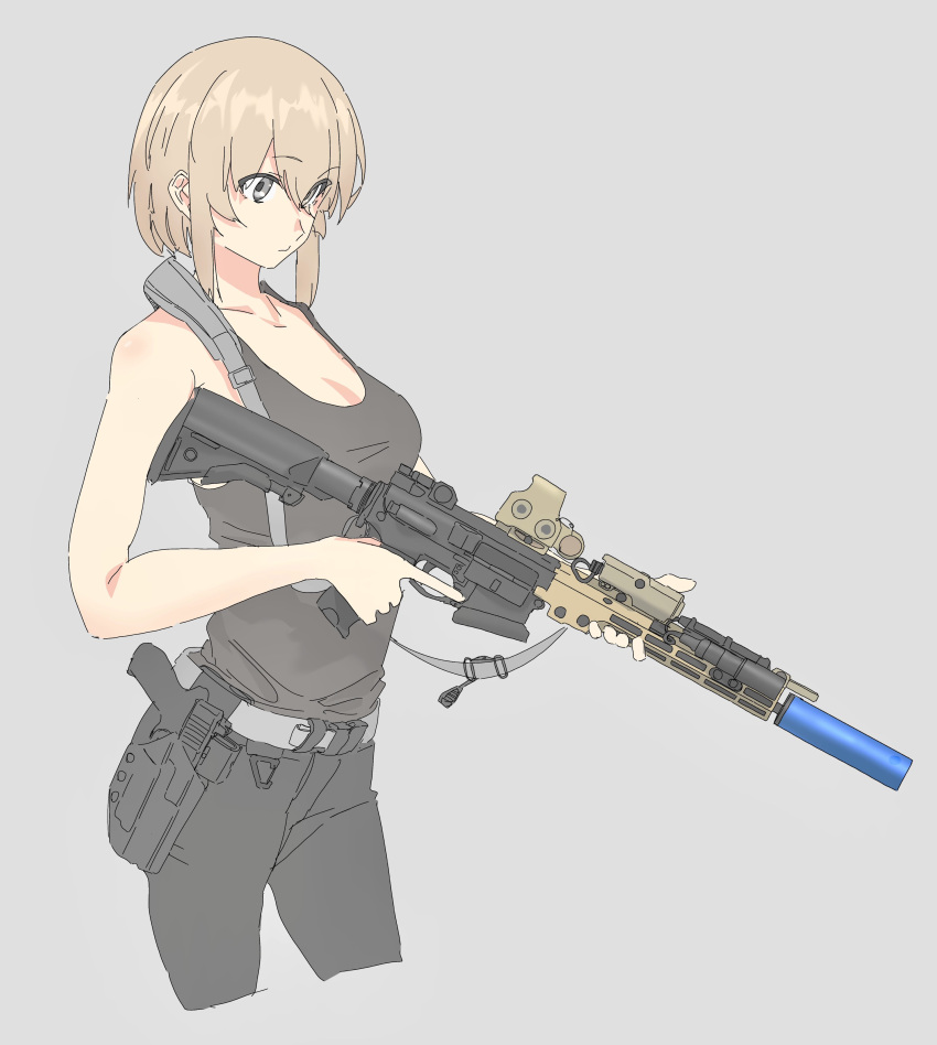 1girl absurdres bare_arms bare_shoulders black_pants black_tank_top breasts cleavage closed_mouth collarbone commentary_request cropped_legs grey_background grey_eyes gun hair_between_eyes highres holding holding_gun holding_weapon light_brown_hair medium_breasts original pants short_hair simple_background solo soutou_nagi suppressor tank_top trigger_discipline weapon weapon_request