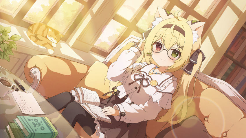 1girl ahoge animal animal_ear_fluff animal_ears black_thighhighs blonde_hair blush book book_on_lap bow brown_hairband brown_ribbon cat closed_mouth coffee coffee_mug commission couch cup day dress dutch_angle frills glass_table glasses green_eyes hair_bow hair_ornament hairband hairclip heterochromia highres indoors jewelry long_hair long_sleeves looking_at_viewer medallion mug necklace nib_pen_(object) on_couch original pen red_eyes ribbon sidelocks sitting skeb_commission smile solo table thighhighs twintails tyakomes variant_set