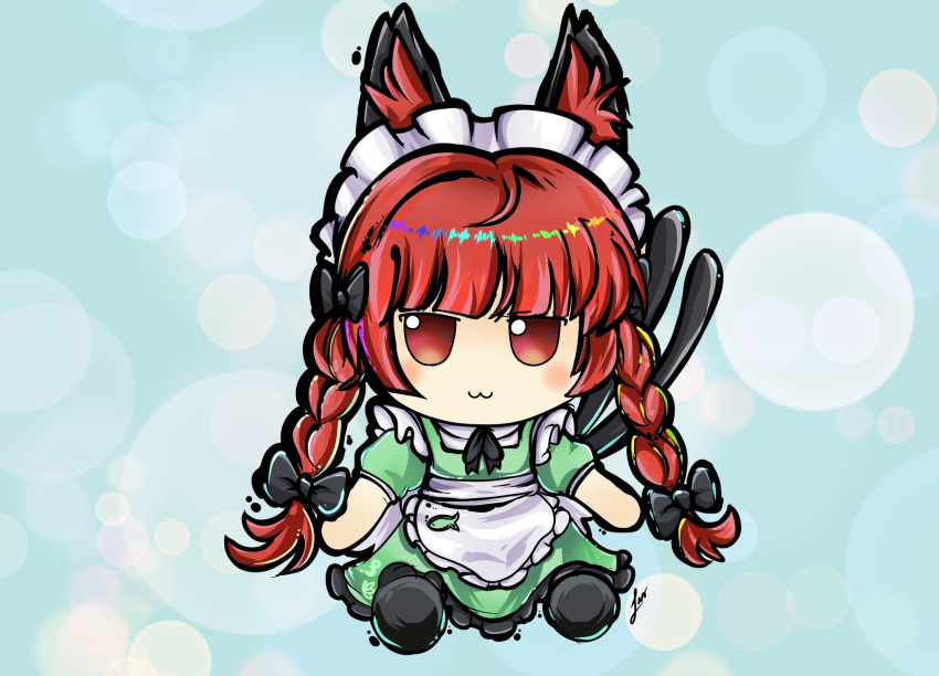 :3 animal_ears black_bow bow braid cat_ears cat_tail commentary dress english_commentary full_body fumo_(doll) green_dress hair_bow highres kaenbyou_rin kaenbyou_rin_(palace_of_the_earth_spirits'_pawsome_helper) lis_(lislisette) long_hair maid maid_headdress multiple_tails nekomata red_eyes red_hair side_braids tail touhou touhou_lost_word twin_braids two_tails