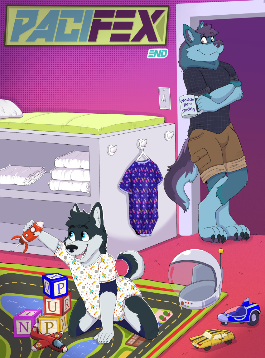 absurd_res age_regression aged_down anthro block blue_body blue_fur bottlebear bottomwear canid canine canis changing_table clothed clothing colbythehusky comic dialogue diaper diaper_fur diaper_under_clothing domestic_dog duo fur grey_body grey_fur hair hi_res holding_object husky incontinence infantilism male male/male mammal mug nordic_sled_dog onesie purple_hair race_car rocket shirt simple_background space_helmet spitz text topwear wearing_diaper wolf young yukon