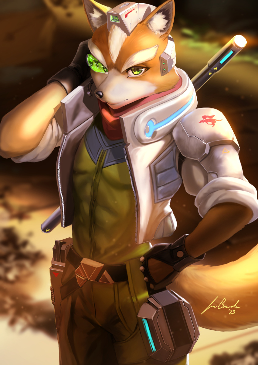 2023 anthro armor bandanna belt black_nose brown_body brown_fur canid canine clothing fox fox_mccloud fur gloves green_clothing green_eyes gun_holster hand_on_hip handwear headgear headphones headset hi_res inner_ear_fluff jacket jecbrush kerchief male mammal nintendo portrait red_bandanna red_kerchief shoulder_guards signature solo staff star_fox tan_body tan_fur three-quarter_portrait topwear tuft visor