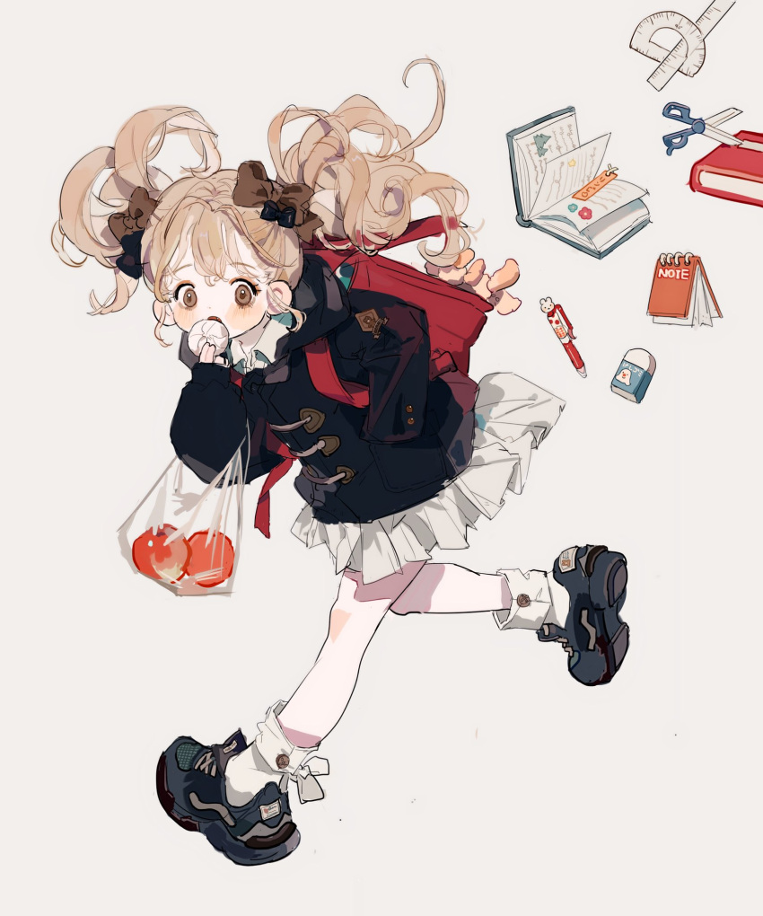 1girl apple backpack bag baozi black_bow black_coat black_footwear blonde_hair book bow bow_legwear brown_eyes cashew child coat collared_shirt commentary eating english_commentary eraser eyelashes eyeshadow food fruit full_body hair_bow hand_in_pocket highres holding holding_food long_hair long_sleeves makeup miniskirt notepad open_book original pen pink_eyeshadow plastic_bag pleated_skirt putong_xiao_gou red_bag ruler running scissors shirt shoes skirt sneakers socks solo spilling twintails wavy_hair white_background white_bow white_shirt white_skirt white_socks