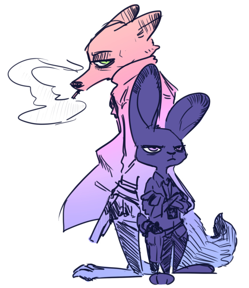 anthro canid canine clothing coat disney duo female fox gun hi_res judy_hopps lagomorph leporid male male/female mammal nick_wilde nobby_(artist) rabbit ranged_weapon smoke smoking topwear trenchcoat weapon zootopia