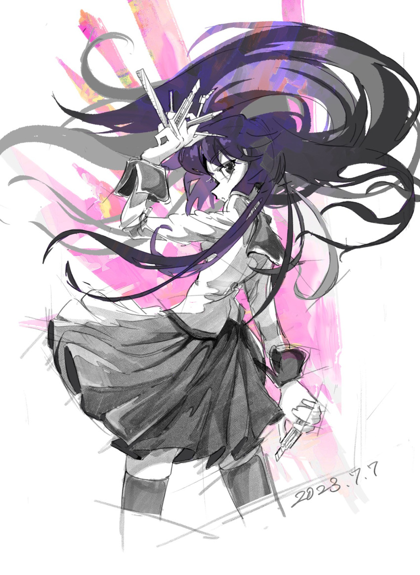 1girl bakemonogatari between_fingers boxcutter compass_(instrument) cropped_legs dated eyelashes floating_hair from_behind goffstager greyscale_with_colored_background hand_up highres holding juliet_sleeves long_hair long_sleeves looking_at_viewer looking_back monogatari_(series) naoetsu_high_school_uniform pencil pleated_skirt puffy_sleeves ruler school_uniform senjougahara_hitagi sketch skindentation skirt solo stationery thighhighs very_long_hair