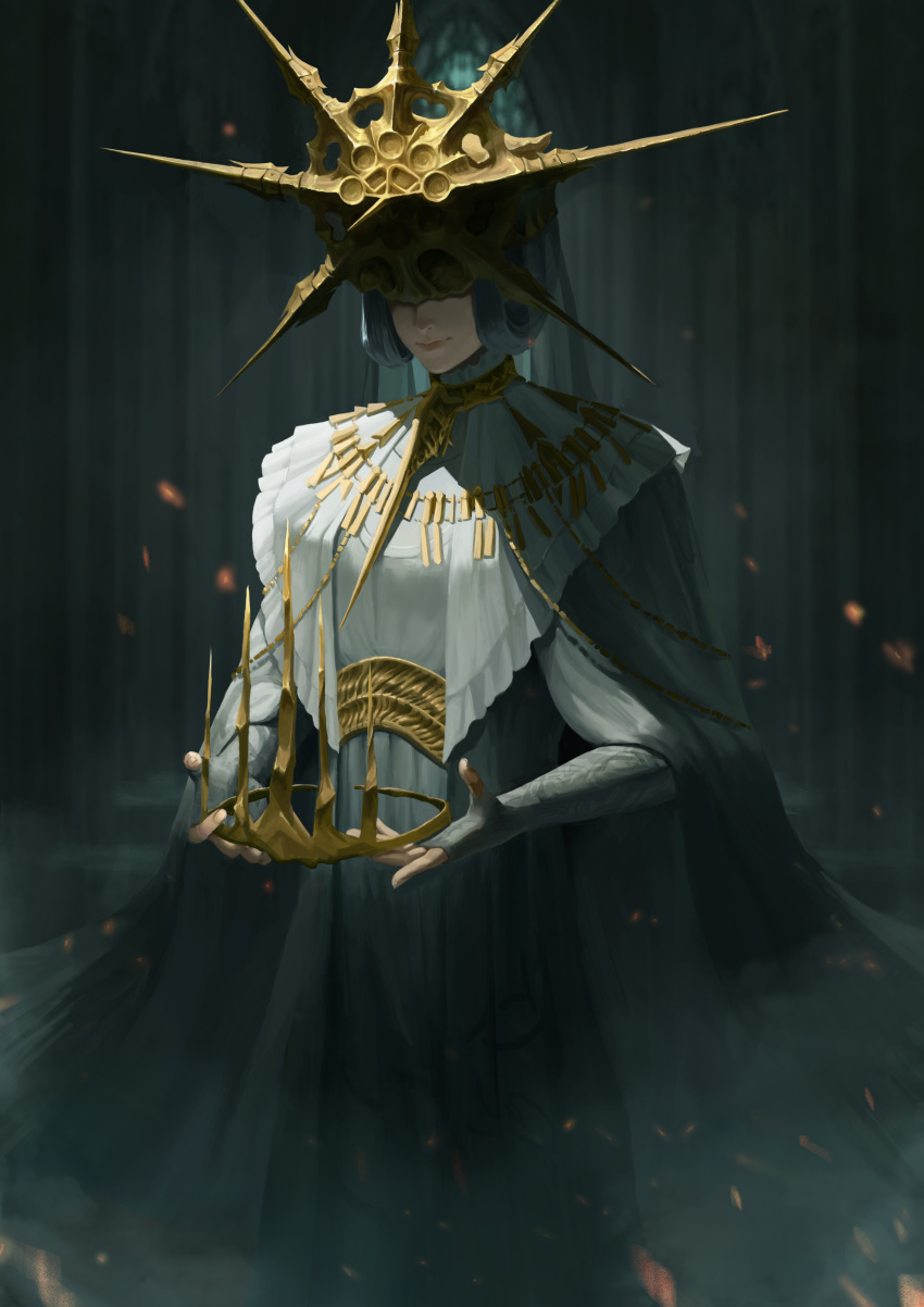 1boy absurdres closed_mouth covered_eyes crown dark_souls_(series) dark_souls_i dark_sun_gwyndolin dress feet_out_of_frame fingerless_gloves gloves gold_headwear grey_dress grey_gloves helmet highres holding holding_crown long_sleeves smile solo spiked_helmet wolf_zzzzz