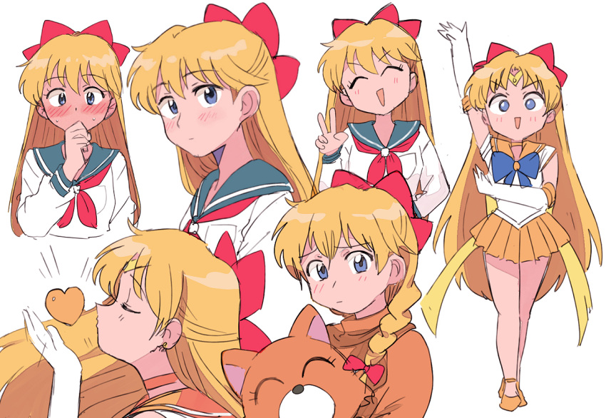 aino_minako bishoujo_senshi_sailor_moon blonde_hair blue_bow blue_eyes blush bow closed_mouth fox heart open_mouth orange_footwear orange_sailor_collar orange_skirt red_bow red_ribbon ribbon sailor_collar sailor_venus simple_background skirt tsubobot v variations white_background