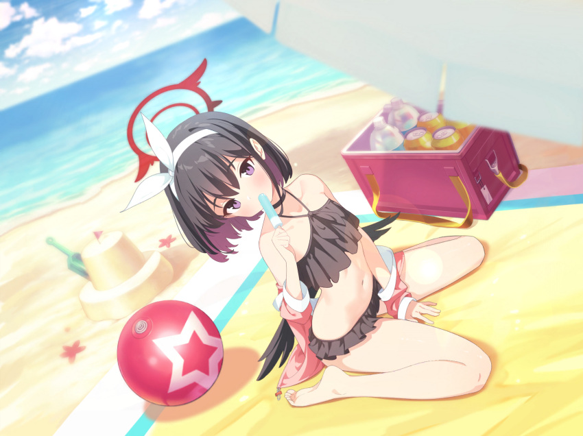 1girl absurdres artist_request ball beach beach_towel beach_umbrella beachball between_legs bikini black_bikini black_choker black_hair black_wings blue_archive bow_hairband choker colored_inner_hair cooler flag food_in_mouth frilled_bikini frills game_cg hairband halo halterneck hand_between_legs highres jacket jacket_over_swimsuit jacket_partially_removed lens_flare looking_at_viewer low_wings mashiro_(blue_archive) mashiro_(swimsuit)_(blue_archive) medium_hair multicolored_hair non-web_source off-shoulder_bikini off_shoulder official_alternate_costume official_art pink_jacket planted planted_shovel popsicle_in_mouth purple_eyes purple_hair sand sand_castle sand_sculpture shovel sitting solo swimsuit towel two-tone_hair umbrella wariza white_hairband wings