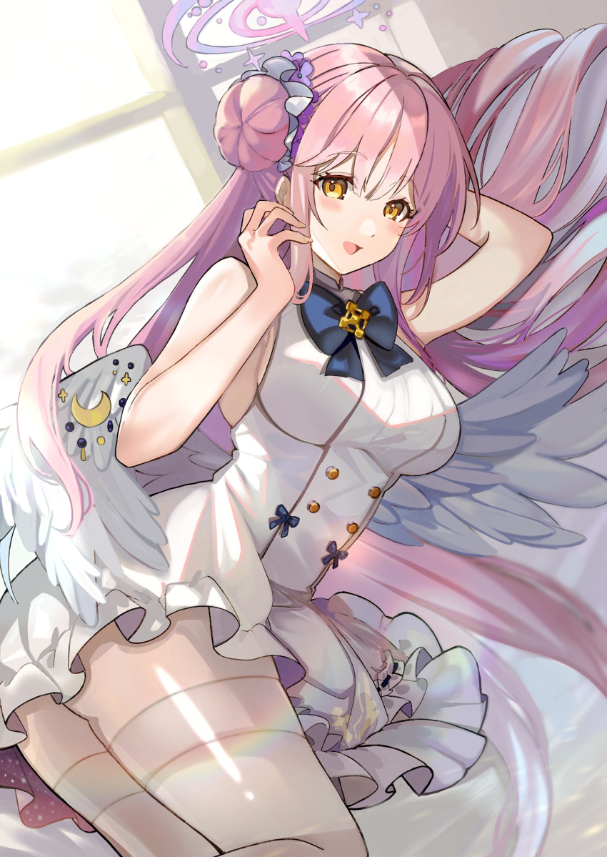 1girl blue_archive breasts commentary_request dress hair_bun halo highres large_breasts long_hair low_wings lying mika_(blue_archive) on_side open_mouth pink_hair pink_halo shibaebi_(yasaip_game) single_hair_bun sleeveless sleeveless_dress smile solo white_dress wings yellow_eyes
